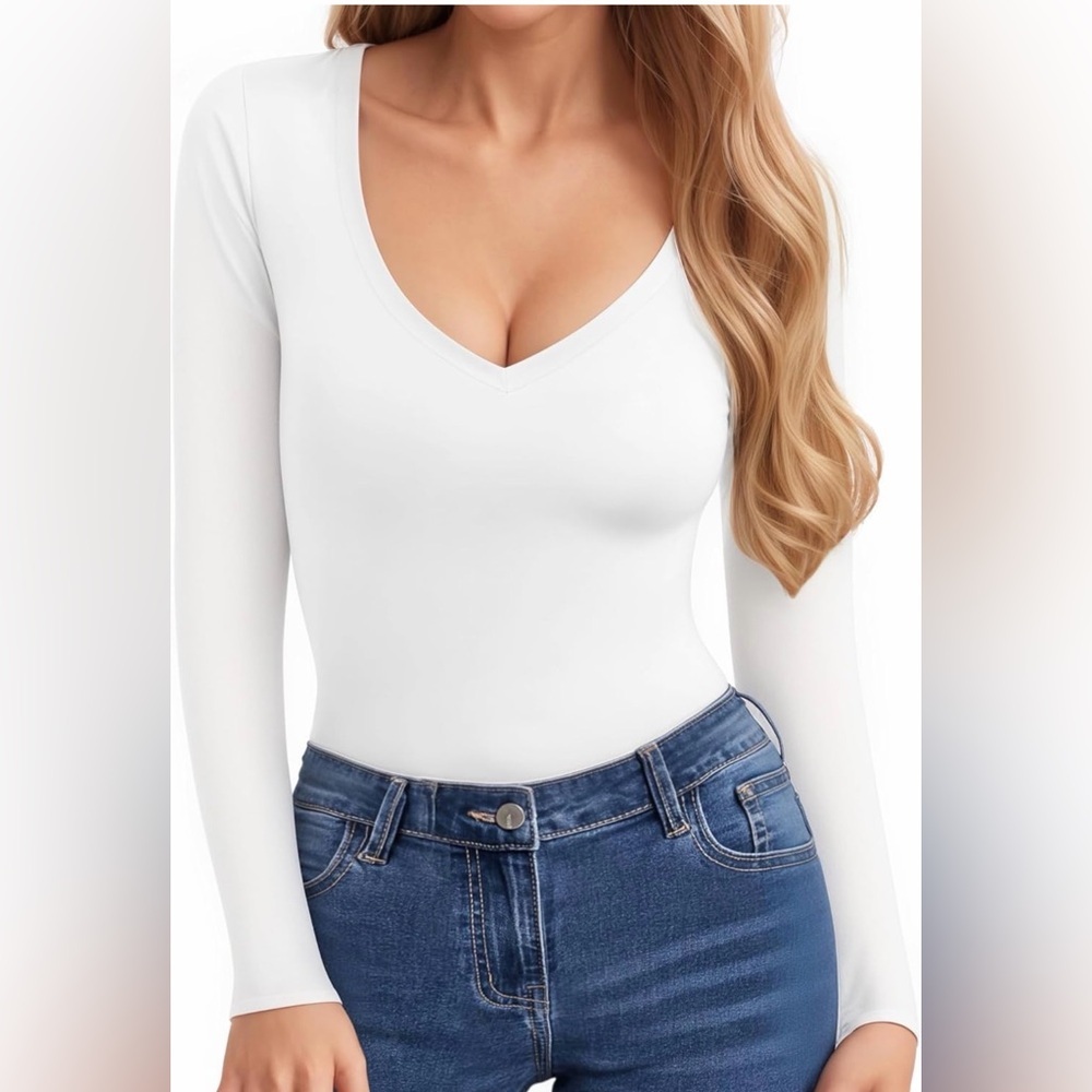 Basic Casual White V-Neck Long Sleeve Top size XS/S